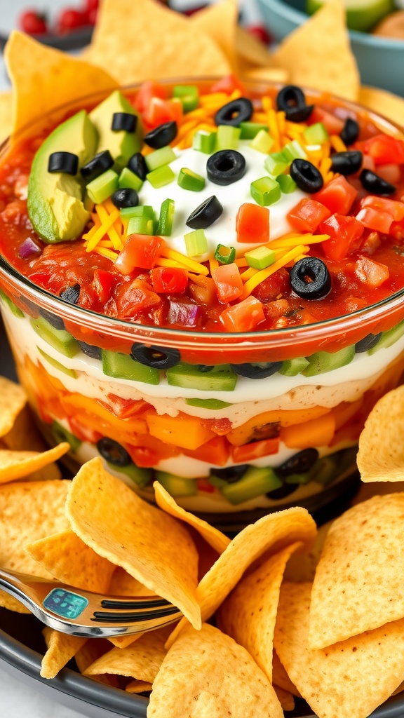 A layered taco dip with avocado, sour cream, salsa, tomatoes, green onions, olives, and cheese, served with tortilla chips.